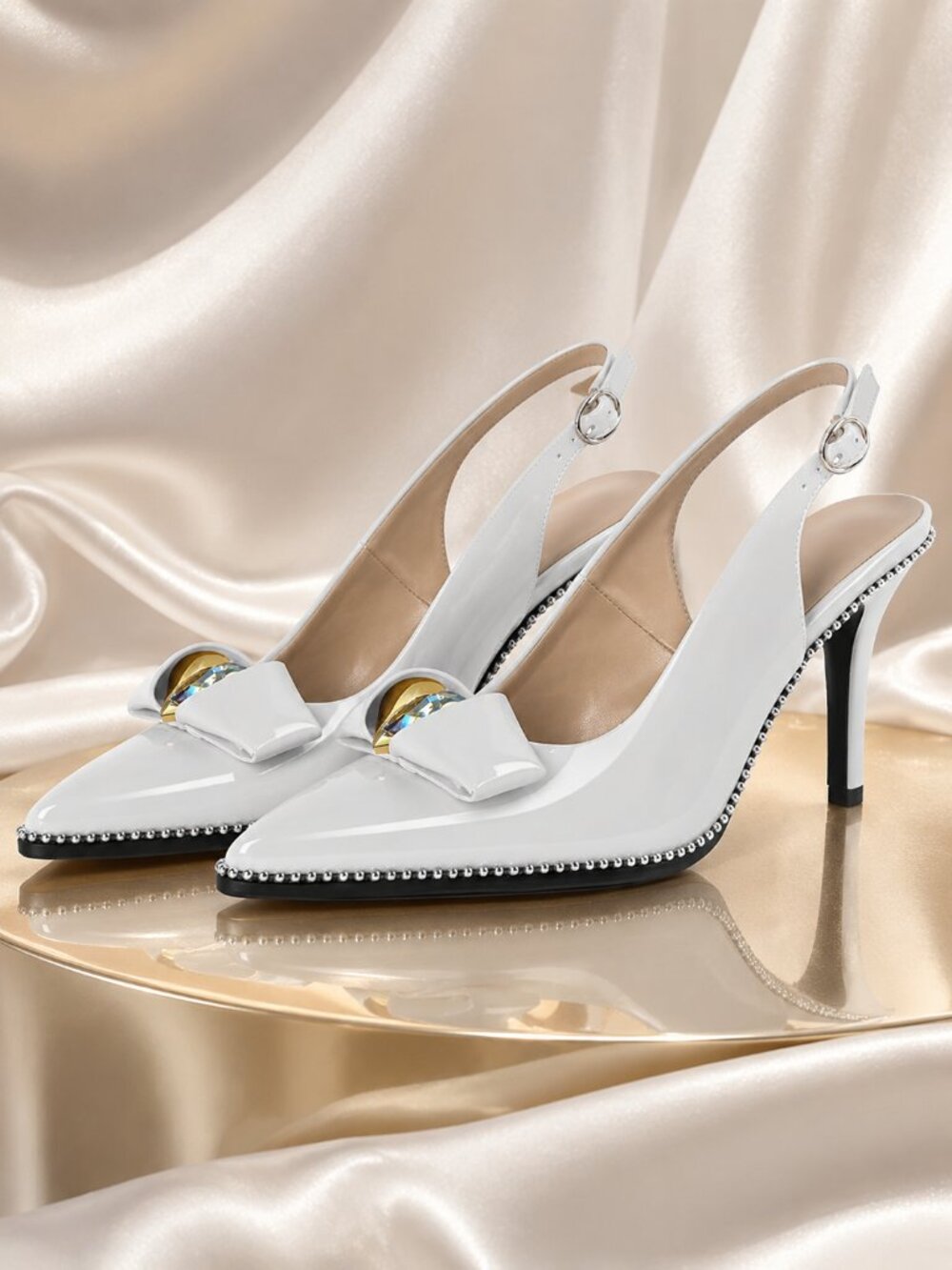 Patent White Slingback Stiletto Pumps Pointed Toe Jewel Heel